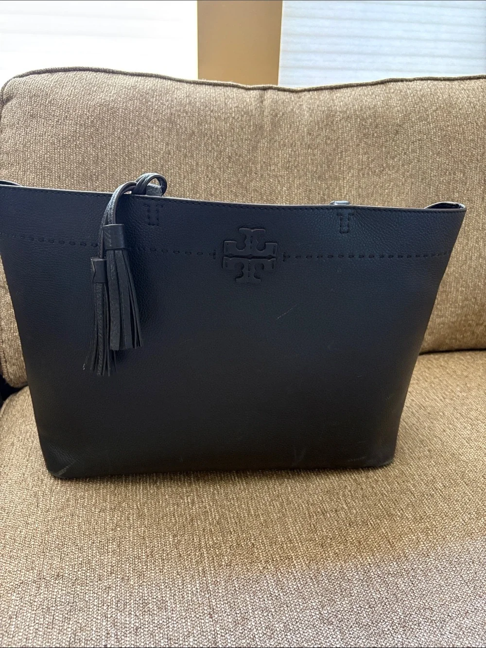 Tory Burch Black Leather Laptop Tote with Tassel